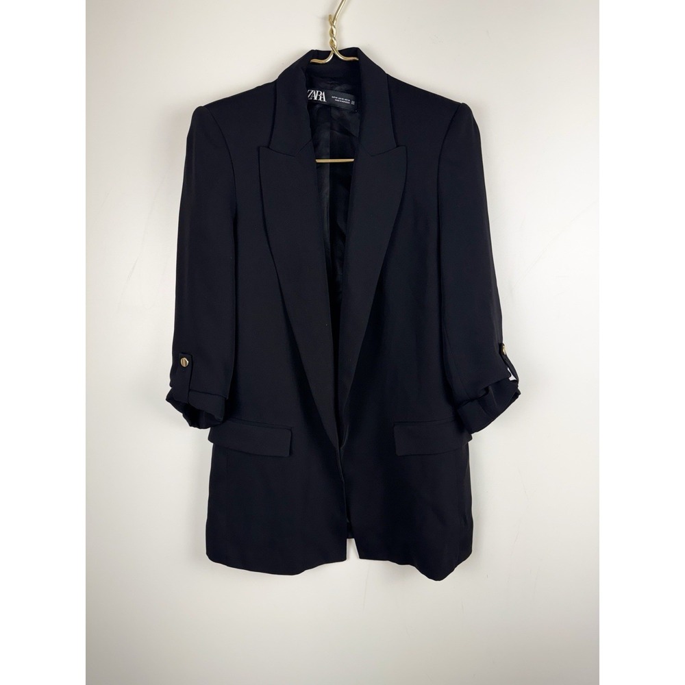 Zara Black Open Front Blazer Roll Tab 3/4 Sleeve Gold Button Pockets Jacket XS